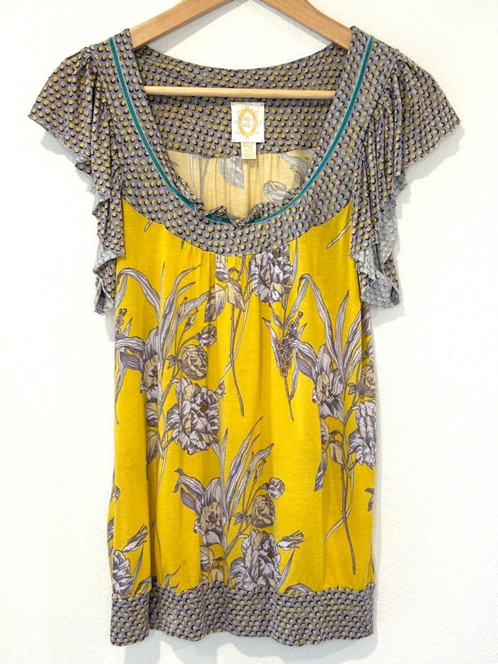 Anthropologie Ric Rac Flutter Sleeve Floral Top Velvet Trim Boho Summer Size XS